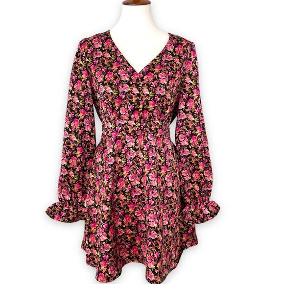 Vero Moda Elly Floral Button Front V-Neck Long Sleeve Mini Dress Size Medium - Picture 2 of 15
